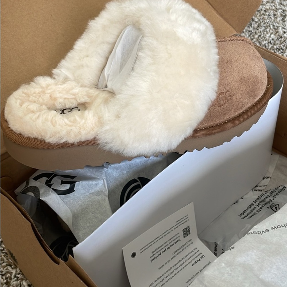 UGG Fluffy Cream and Tan Slippers